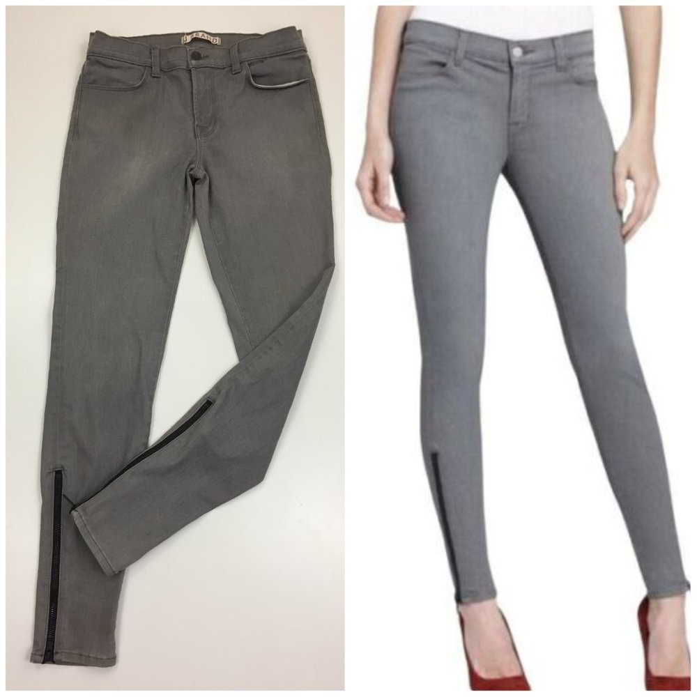 J BRAND Logo Hardware Gray GOTHAM Long Zipper Ankle Slim Fit Skinny Jeans